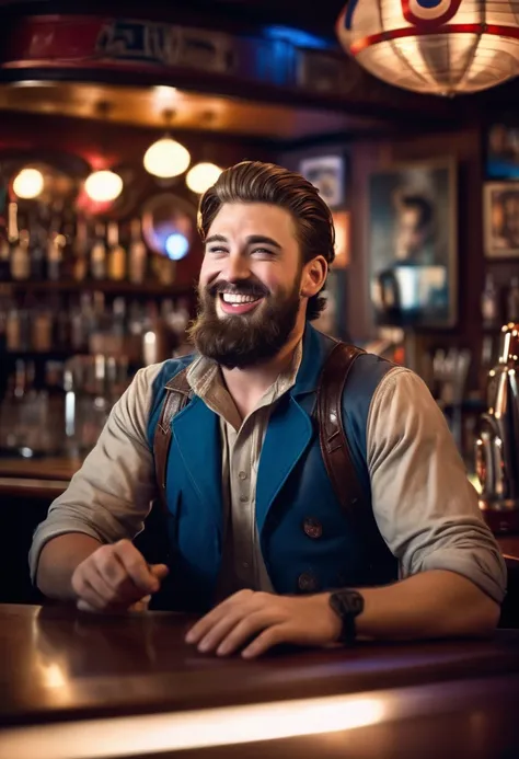 A captivating cinematic photo of Captain America with beautiful, wavy hair and a stylish beard. He stands confidently behind a bar, holding a microphone and singing into it with a smile. The bar is dimly lit, with vintage-style decorations and a few patron...