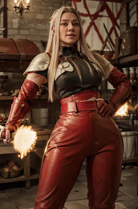 russian goddess short white hair, tomboy cut, round face, fine nose, paper-clear skin, red leather pants, wearing a red blood armor breastplate, red armor gloves, holding a butcher knife in one hand, coal black eyes, macabre smile