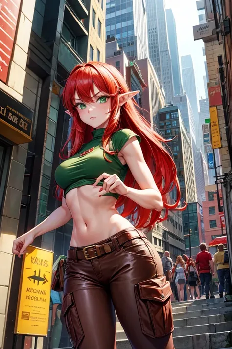 A gigantic red headed female elf. she has long hair and pointy ears, although her ears are human sized. She has a green top and brown cargo shorts. She has back Doc Martens and emerald green eyes. She towers above a city where she walks by, while tiny huma...