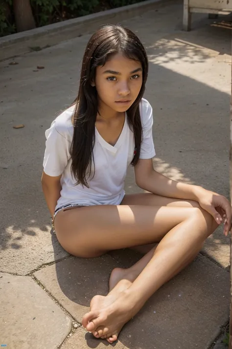 nigga, female, 14 years old, full body, detailed face, sitting on the ground, barefoot