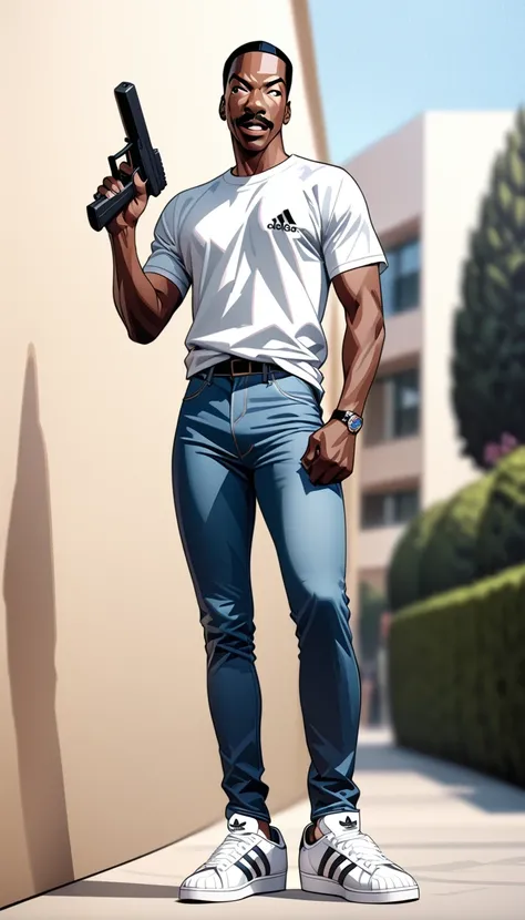 (masterpiece),(Highest quality),(High resolution),(Very detailed),8k,wallpaper,An illustration,One Man,Black,(((Eddie Murphy style))),whole body,Plain white T-shirt,jeans,Adidas sneakers,(((pistol))),Pistol,(The background is Beverly Hills),(((Background B...