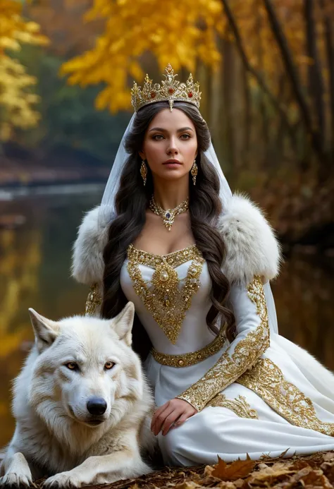 Masterpiece, A beautiful queen, crowned with gold and diamonds sits in the forest in autumn, accompanied by a  white wolf, on the edge of a clear and very beautiful river, high definition at 4k resolution, sharp focus, with very detailed facial features an...