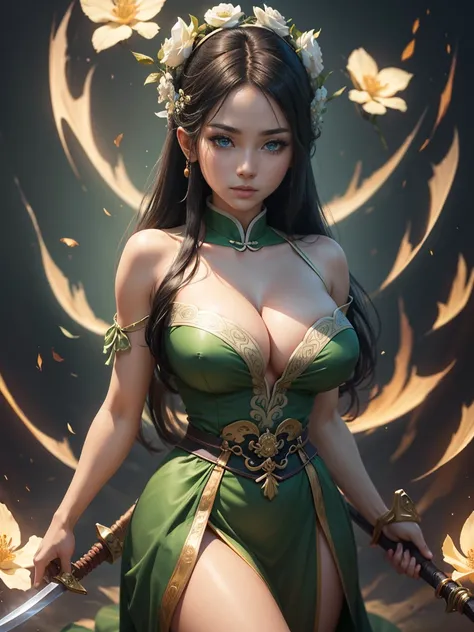 a woman in a green dress holding a sword and a flower, inspired by Li Mei-shu, inspired by Shen Zhou, inspired by Wu Li, inspired by Wu Zuoren, yun ling, inspired by Ju Lian, inspired by Li Tang, full body xianxia, inspired by Qiu Ying, inspired by Lan Yin...