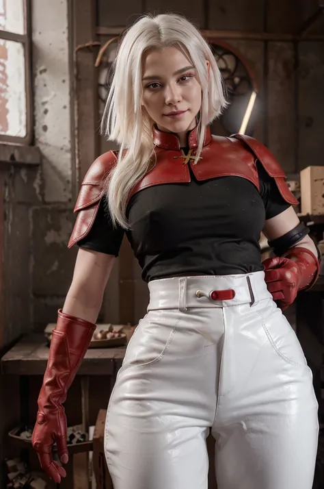 russian goddess short white hair, tomboy cut, round face, fine nose, paper-clear skin, red leather pants, wearing a red blood armor breastplate, red armor gloves, holding a butcher knife in one hand, coal black eyes, macabre smile