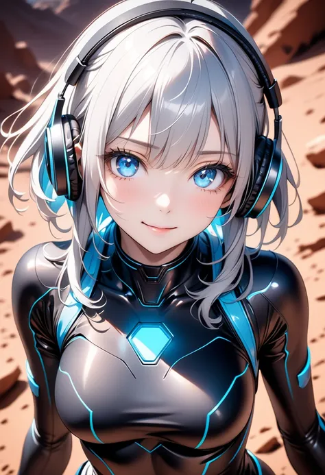 A beautiful silver-haired girl wearing headphones, a sci-fi action set on Mars in the 2500s, a body suit with a black base that emits a glow, a complex pattern that emits light, a smiling face, and blue eyes staring at you. There is., ai-generated,Dynamic ...