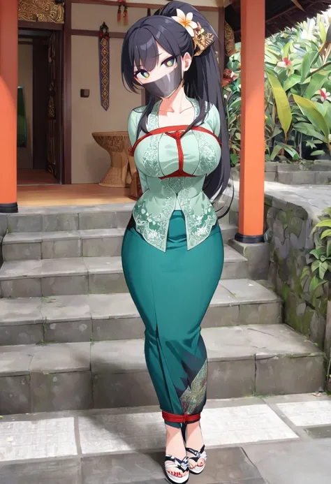 score_9, score_8_up, source_anime, 1girl, solo,The photo features a woman standing in traditional decorations. She is wearing traditional attire consisting of a light green kebaya with lace trim and a long green skirt with batik or songket patterns. The wo...