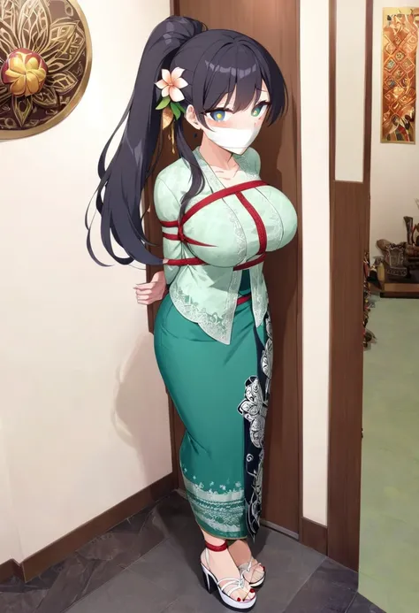 score_9, score_8_up, source_anime, 1girl, solo,The photo features a woman standing in traditional decorations. She is wearing traditional attire consisting of a light green kebaya with lace trim and a long green skirt with batik or songket patterns. The wo...