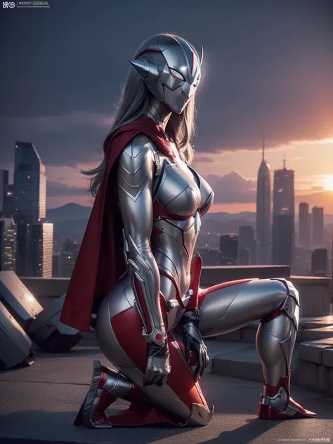 （masterpiece、8k、Ultra-delicate、hight resolution），(((Female Ultraman))),medium breasts，(((No muscleedium Boob)))，(His head is tapering,The body is made of red and silver，The arms present a streamlined design，On the chest there is a round calculator，Looks ta...