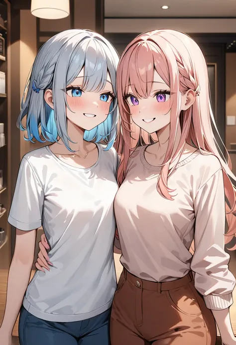 (masterpiece, top quality, very aesthetic, 4k、illustration), intricate detail, 2girls,Standing 、(cowboy shot)、smile、()、yuri,
Cute 、Random Hair Color、,middle hair,sidelock ,Random eyes Color、Casual attire、small breasts、Slim 、