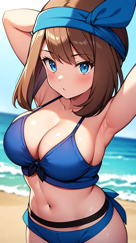 One girl, May Pokemon, Blue bandana, Brown Hair, short hair, blue eyes, Posing in a blue bikini with her arms raised, chest, Chest cleavage, Thighs, Beach, 