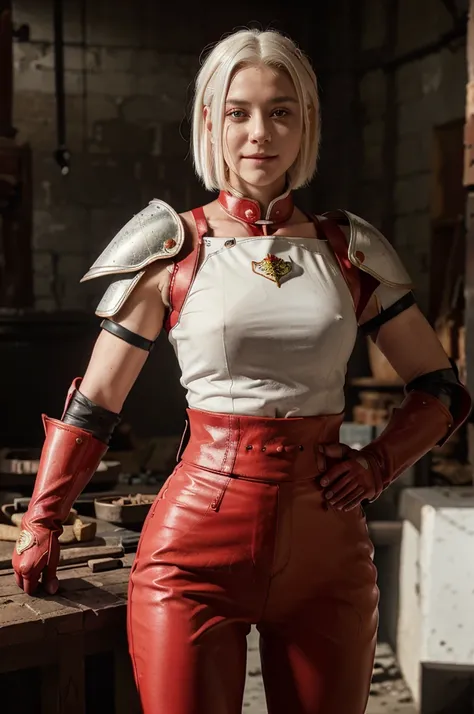 russian goddess short white hair, tomboy cut, round face, fine nose, paper-clear skin, red leather pants, wearing a red blood armor breastplate, red armor gloves, holding a butcher knife in one hand, coal black eyes, macabre smile
