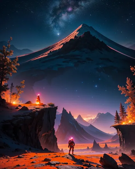 Create a panoramic painting of a night landscape on Mars. The sky is filled with bright stars and vibrant nebulas in colors like blues, purples, and pinks, intertwining in a cosmic spectacle. In the background, strange-shaped mountains rise, with jagged pe...