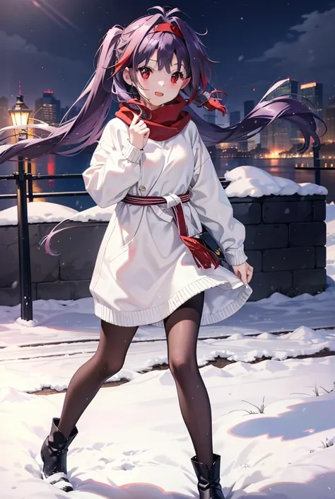 yuukikonno, Konno Yuuki, Long Hair, Pointed Ears, Purple Hair, (Red eyes:1.5), (Small breasts:1.2), Open your mouth,happy smile, smile, Open your mouth,hair band,low twin tail,Red Scarf,Oversized purple sweater,Black pantyhose,Long skirt,short boots,Holdin...