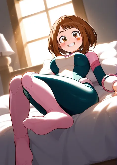 [ochako uraraka], [Boku no hero academia], ((masterpiece)), ((high res)), ((solo portrait)), ((low angle view)), ((full body)), ((feet visible)), ((HD)), ((detailed shading)), ((intricate details)), {(attractive figure), (rosy cheeks), big round brown eyes...