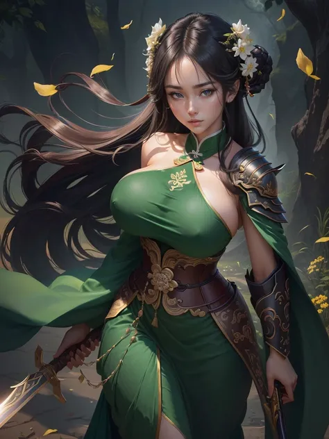 a woman in a green dress holding a sword and a flower, inspired by Li Mei-shu, inspired by Shen Zhou, inspired by Wu Li, inspired by Wu Zuoren, yun ling, inspired by Ju Lian, inspired by Li Tang, full body xianxia, inspired by Qiu Ying, inspired by Lan Yin...