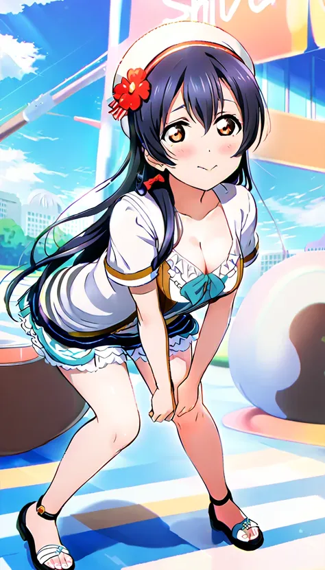 18-year-old mature woman, umi sonoda, full body, dressed for going out in the city in midsummer, hands on knees, leaning forward...