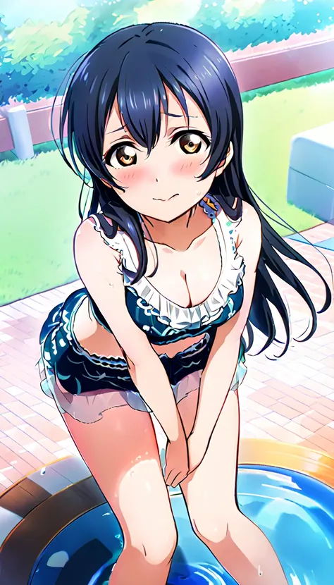 18-year-old mature woman, umi sonoda, full body, dressed for going out in the city in midsummer, hands on knees, leaning forward...