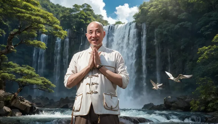 a middle-aged rather thin oriental man with a bald short beard puts his hands together，showing goodbye，eyes looking into the cam...