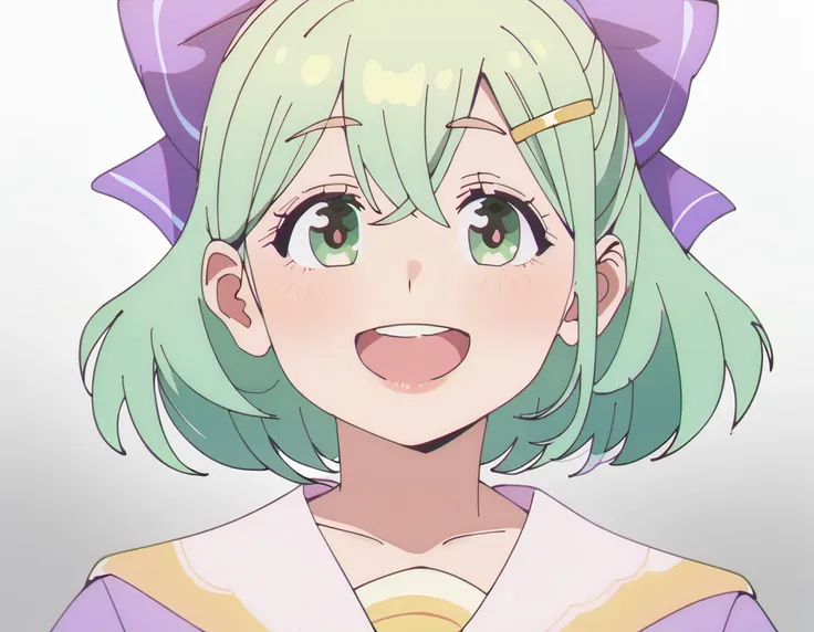 score_9, score_8_up, score_7_up, 1girl, short green hair, green eyes, purple bow headdress, hair clip, purple and yellow sailor ...