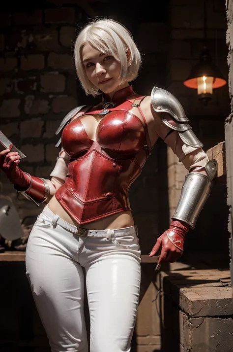 russian goddess short white hair, tomboy cut, round face, thin nose, paper-clear skin, red leather pants, wearing a red blood ar...