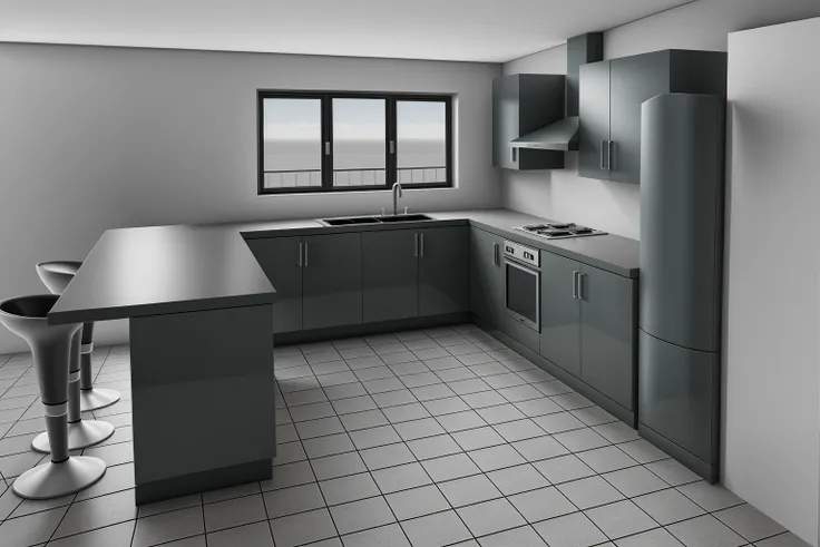 modern kitchen design, to inside, night light, 1 cold, 1 stove, 1 block suction, 1 sink, 1 table includes 3 high chairs, 1 window on the wall right where the dishwasher is located. Garanite stone base, Flat white frame plaster ceiling