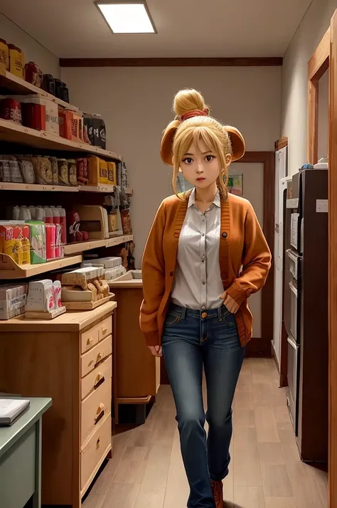 isabelle \(protect animals\), 1 girl, indoors, hair bun, solitary, animal ears, shirt, shut up, hairy, cardigan,,jeans :