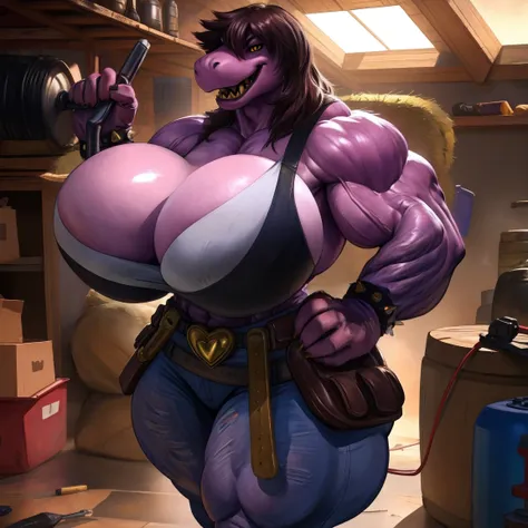 (solo:1.2), susie deltarune, smooth skin, 1girl, (female:1.5), susie, reptilian, dark hair, messy hair, yellow eyes, muscular, c...