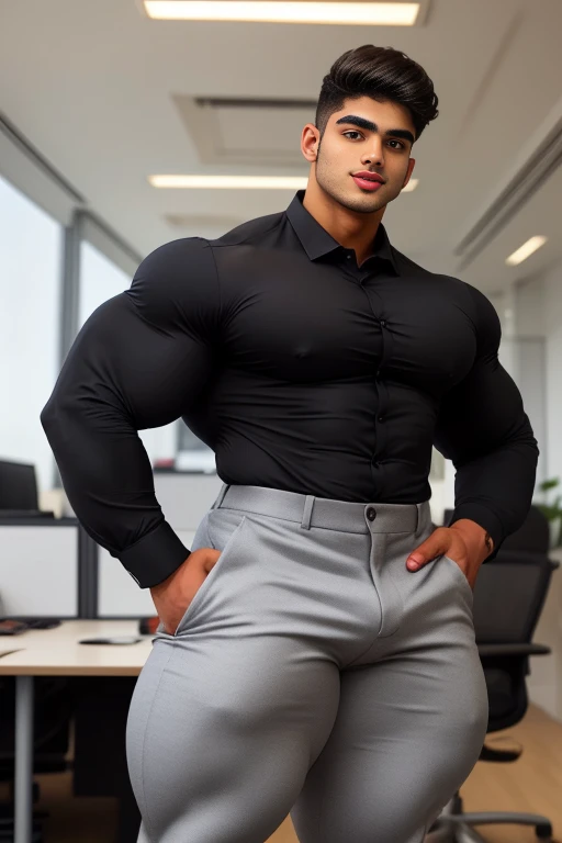 4 meter tall slightly overweight indian men. 20 years old. Childish Young hairless fresh face. In london with friend. Very sexy Posing for camera. Muscular. Wearing a tight black office shirt and pants. Big ass. Smooth body and face. Belly seen. Long long ...