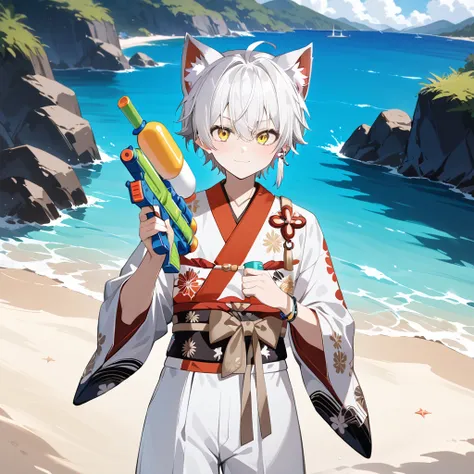 dynamic pose, ((cat_boy)),1boy,male focus,(white animal ears),white hair, short hair with single long lock,(split color kimono),...