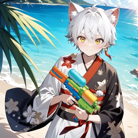 dynamic pose, ((cat_boy)),1boy,male focus,(white animal ears),white hair, short hair with single long lock,(split color kimono),...