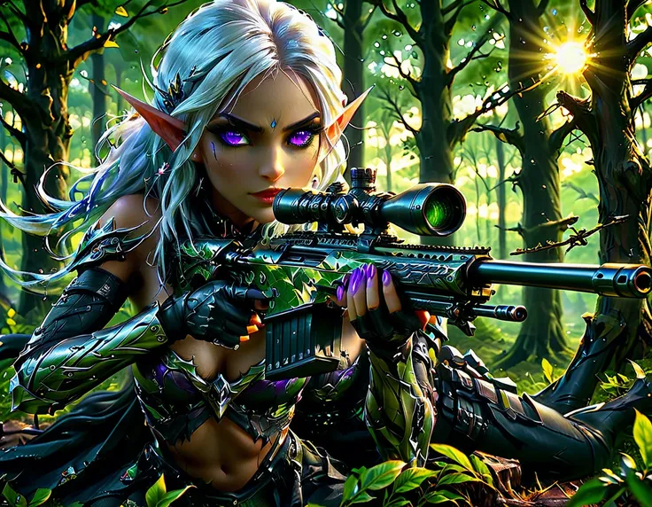 a portrait picture of a 1single female drow elf sniper, lying on a tree branch aiming a sniper rifle, an exotic beautiful elf sn...