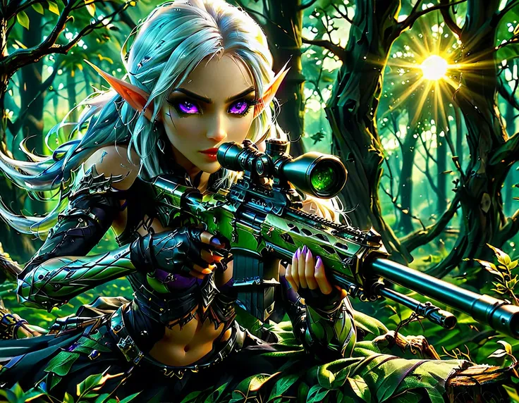 a portrait picture of a 1single female drow elf sniper, lying on a tree branch aiming a sniper rifle, an exotic beautiful elf sn...