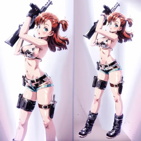 1girl, solo, gun, weapon, leather shorts, swimsuit, bulma, holster, boots, bikini, red hair, gloves, breasts, one side up, bikin...