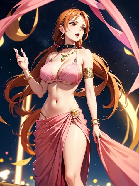 nami, long hair, twintails, (brown eyes:1.5), orange hair, (forehead:1.2),navel, cleavage, collarbone, earrings,choker, gloves, jewelry, earrings, midriff, white gloves, sideboob, tattoo, underboob,(absurderes, A high resolution, Ultra detailed, hdr), Mast...