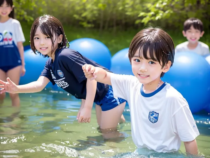 In the forest、Children in the countryside、Swimming in the river、Bathing in water、Cute elementary school boy、１０Year old boy、Boy in gym clothes、The bottom of the white T-shirt is blue、Blue shorts、The boys are playing、Get wet all over、Noisy boys、Splashing Wat...