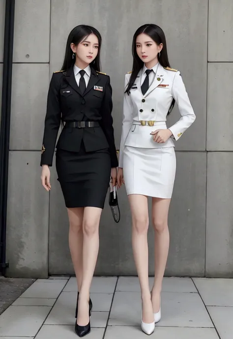 business woman, beautiful woman, decorated with military insignia, wear a suit and tie., short skirt, businessuitwhite, กระโปรงด...