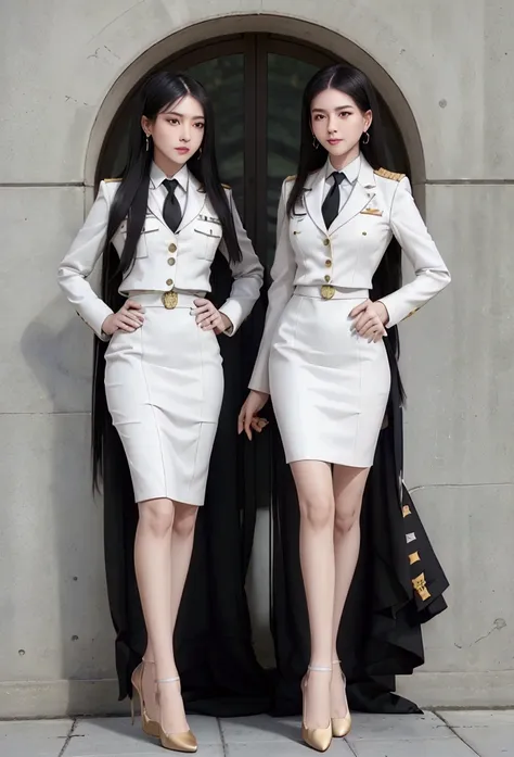 business woman, beautiful woman, Decorated with military insignia, Wear a suit and tie., Short skirt, businessuitwhite, กระโปรงดินสอสั้นwhite, businessuitรัดรูป, All white outfit, Emphasize the curves of the body, (สาวสวยTwo meter long hair, my hair is ver...