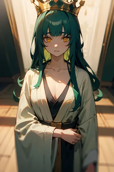 top quality,Perfect Face, long dark green hair, yellow eyes, collarbone，Master of Light and Shadow，crown，Royal robe，In the luxurious palace