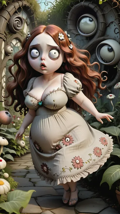 young beautiful chubby girl running through tim burton-inspired garden. garden is full of peculiar creatures with big eyes and b...