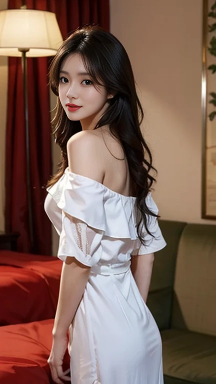 1 Girl,hotel,Soft Light,Chinese Beauty,Off-shoulder,dress,,Dark-haired,long hair