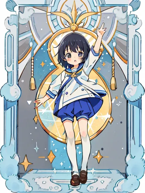 Magical girl　girl　Primary school students　Young Girl　小さいgirl　Height: 130cm　Standing picture Simple design　spats　hot pants　Perfect Suit　Short hair　Hair is light blue