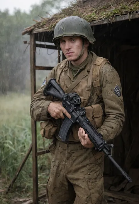 Photography in (stvmccrr style), an american soldier with WW2 uniform and gear and WW2 rifle, taking a shelter under a ruined hut, pouring rain, solo, dirty, exhausted, dark, loom, moody, bokeh, cinematic, emotive humane photography, rich colors, analog fi...