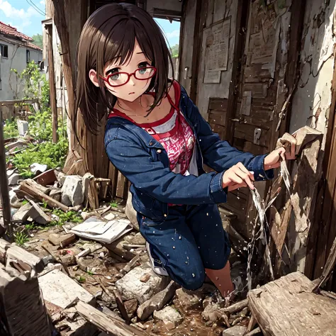 surprise expression、soaked、glasses、nfsw、dark abandoned house、tattered clothes、torn and muddy、傾いたglasses、exploring