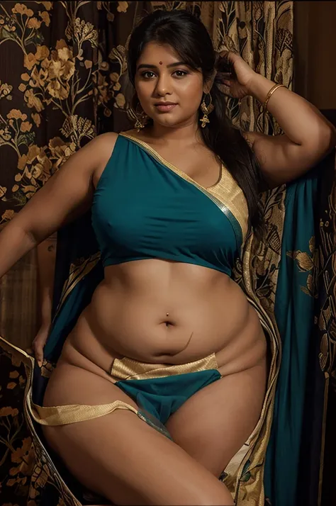 A indian.plus size bhabhi wearing blue saree and green blouse, she has big belly wide hips, fat legs