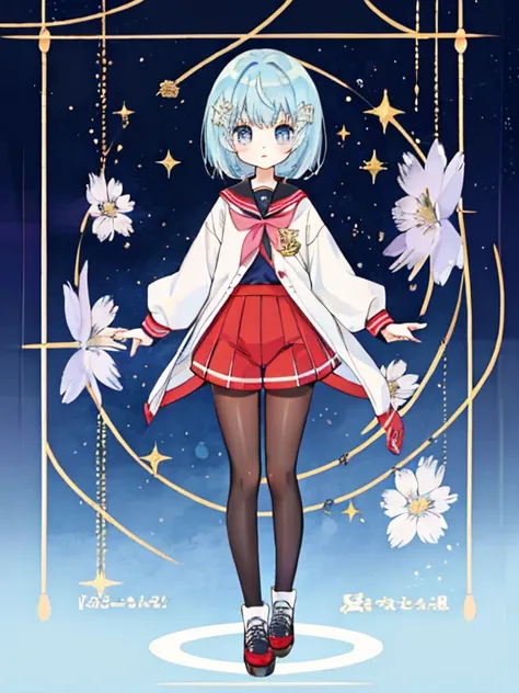 Magical girl　girl　Primary school students　Young Girl　小さいgirl　Height: 130cm　Standing picture Simple design　spats　hot pants　Perfect Suit　Short hair　Hair is light blue
