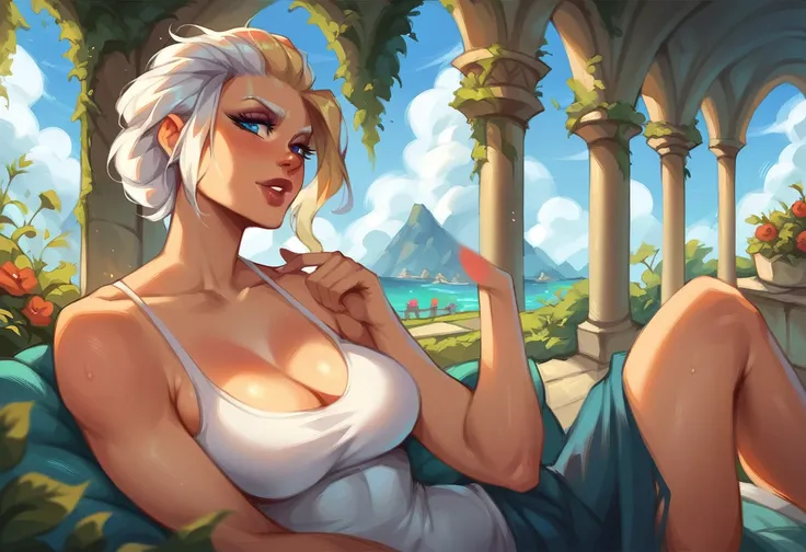 jaina proudmoore, in old renaissance painting, large breasts, sitting in garden.