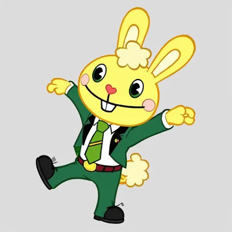 cartoon, a yellow rabbit with green dress shirt black necktie black pants belt and black shoes businessman