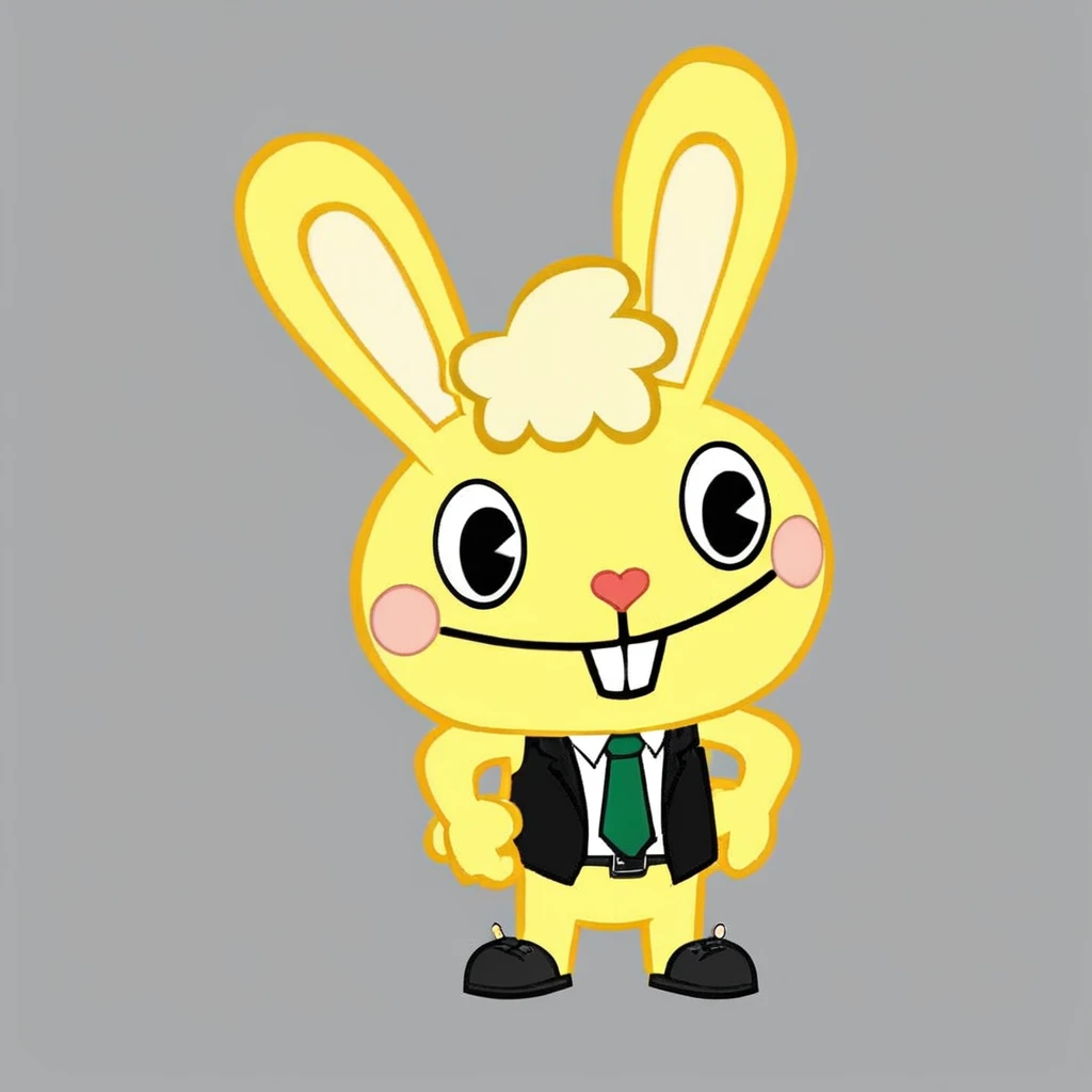 cartoon, a yellow rabbit with green dress shirt black necktie black pants belt and black shoes businessman