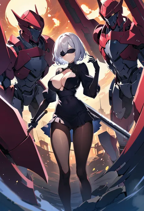 2B Nier Automata,masterpiece, 最high quality, High resolution,  Black clothes 、Black Pantyhose、Dark church at night、Wear a miniskirt、Thin legs、Big Breasts、Slim figure、high quality　CG Tone、Gray Hair、Black blindfold、Short Bob、Surrounded by mechanical soldiers...