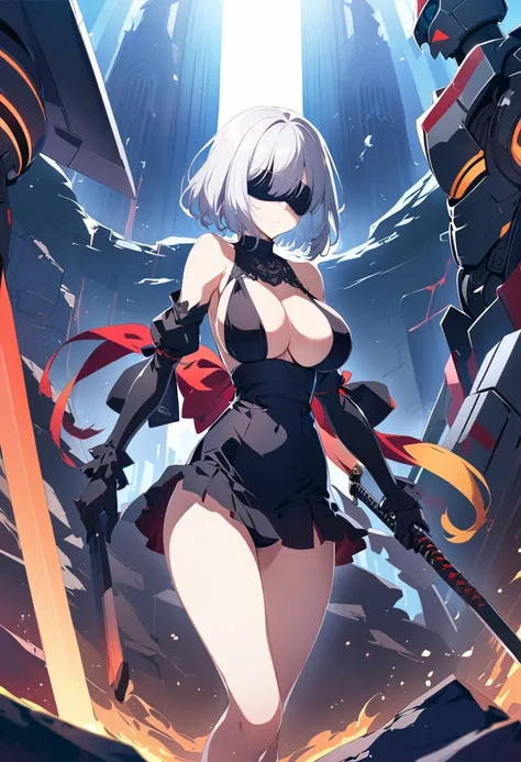 2B Nier Automata,masterpiece, 最high quality, High resolution,  Black clothes 、Black Pantyhose、Dark church at night、Wear a miniskirt、Thin legs、Big Breasts、Slim figure、high quality　CG Tone、Gray Hair、Black blindfold、Short Bob、Surrounded by mechanical soldiers...